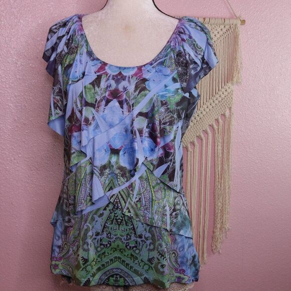 One World | Short Sleeve Ruffled Top Small - Picture 2 of 7